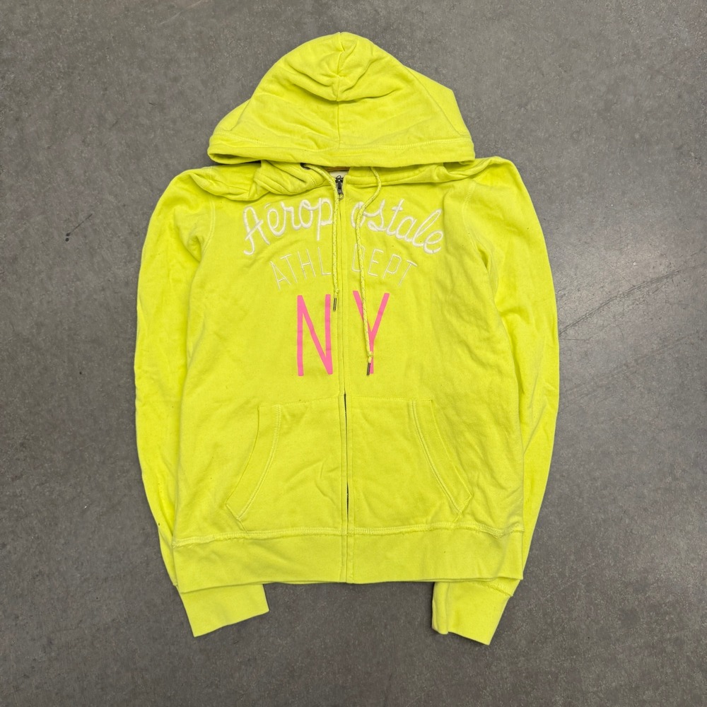 Aeropostale Womens Neon Yellow Full Zip Hoodie Athl Dept NY Graphic Large - Picture 1 of 5